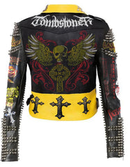 Biker's Silver Spiked Studded, Women's Club Wear Gothic Jacket, Cannibal Corpse Handmade Leather Outfit, Tombstone Patches Brando Jacket,