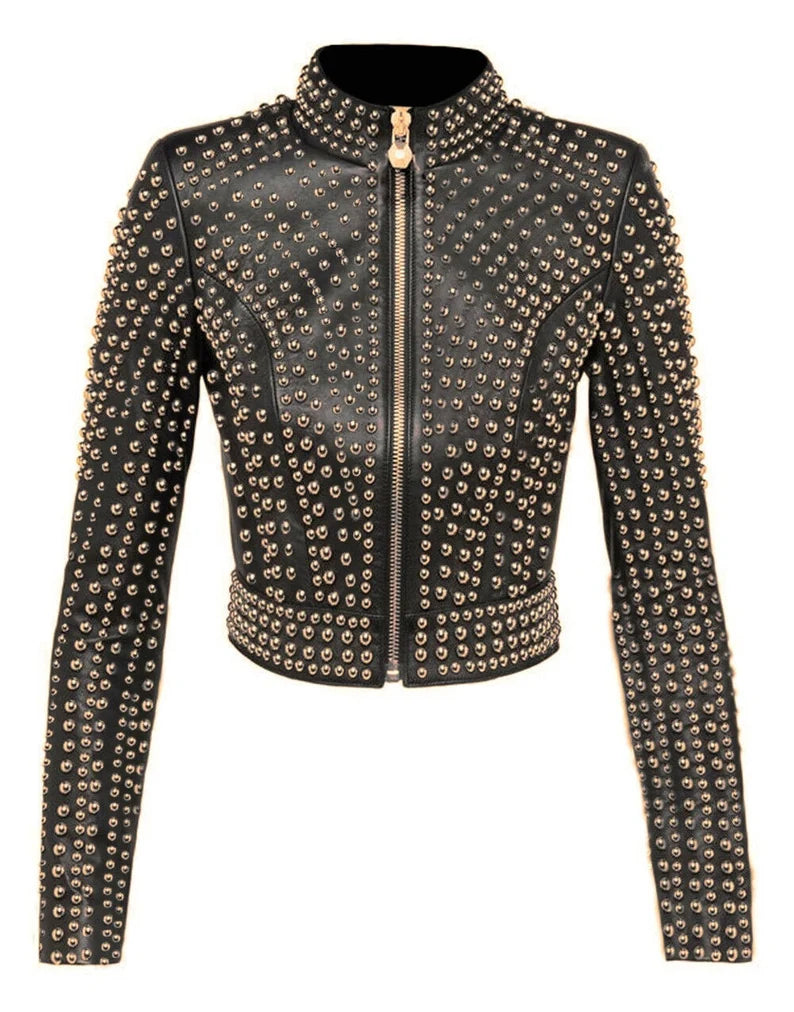 Women Black Studded Leather Golden Dome Studs Rock Steam Punk Style