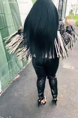 Customized Handcrafted Fringes Women's Black and Silver Color Silver Studded Genuine Leather Jacket (3179)