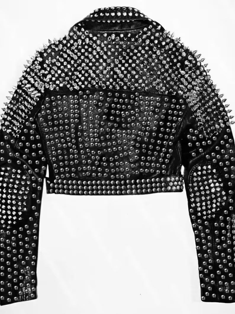 Women's Silver Belted Brando Biker Jacket with Studded Dome & Tree Spikes – Leather Motorcycle Jacket