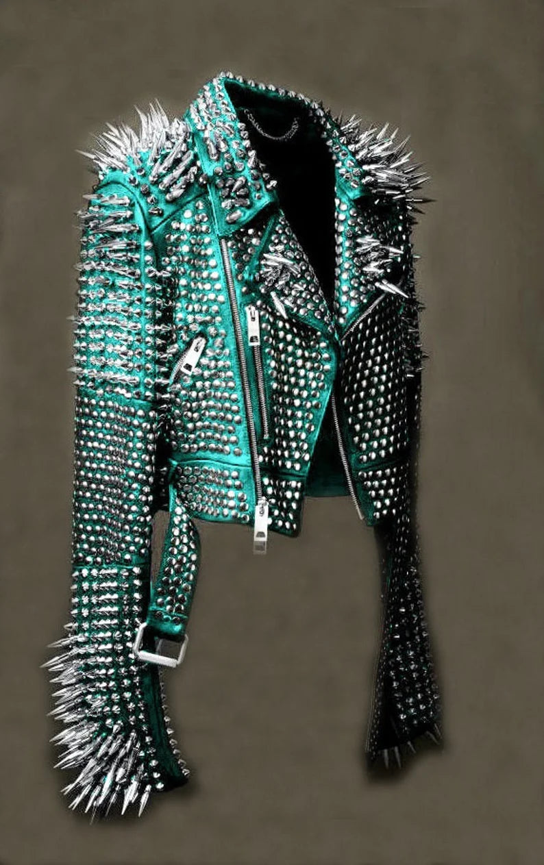 Women Turquoise Blue High Res Spiked Studded Leather Jacket Steam Punk Gothic Rockers Jacket