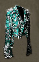 Women Turquoise Blue High Res Spiked Studded Leather Jacket Steam Punk Gothic Rockers Jacket