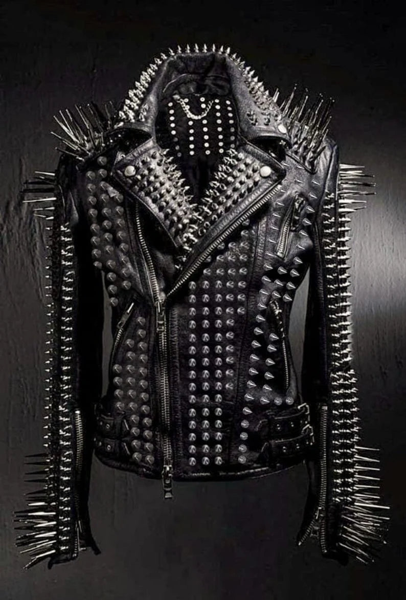 Steampunk Handmade Jacket, Heavy Metal Long Spiked Gothic Jacket, Personalized Multi Studs Jacket, Silver Studded Motorbike Jacket,