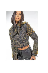 Gothic Punk Leather Jacket – Women’s Belted Biker Style with Long Bullet Spikes & Studs