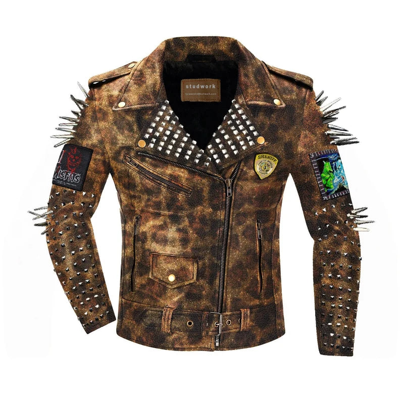 Jacket Leopard Printed Cow Leather, Spiked Long Studded, Frankenstein Patchwork Clothing, Gothic Misfit Handmade Jacket, Brando Rivets Studs