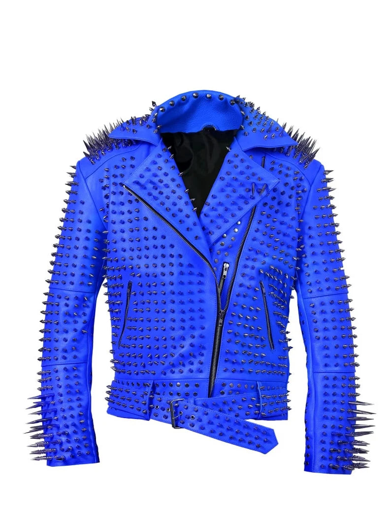 Heavy Metal Spiked Studs Jacket, Blue Punk Brando Jacket, Men's Belted Gothic Jacket, Handmade Silver Studs Jacket, Long Spiked Jacket,