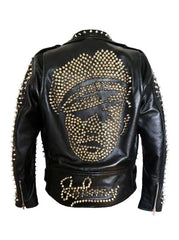 Men’s Black Cowhide Leather Jacket Punk Rock Biker Style with Cone Spikes & Johnny Stud Design