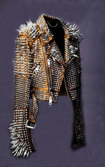 Men's Studded Leather Jacket - Steampunk Orange Spiked Gothic Rocker Jacket - Unique Spiked Leather, Rocker Style, Custom Design Punk Jacket