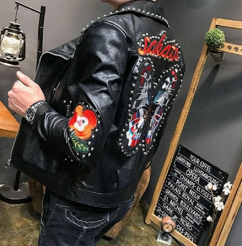 Brando Style Patches Leather Jacket Men, Black Fashion Outer Wear Studded, Sakata Butterfly Patch, Customize Biker's Punk Jacket,