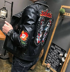 Brando Style Patches Leather Jacket Men, Black Fashion Outer Wear Studded, Sakata Butterfly Patch, Customize Biker's Punk Jacket,