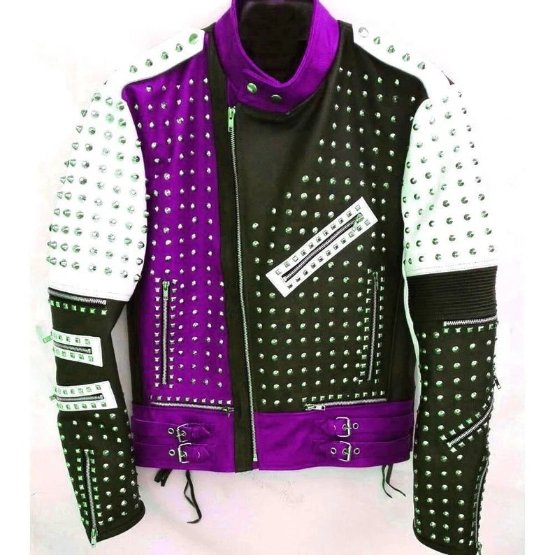 Men's Multicolor Bikers Jacket, Silver Studded Gothic Jacket, Conical Studs Adjustable Belted Jacket, Button Tab Collar Motorcycle Jacket,