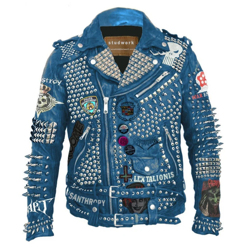 Pin Badges And Spiked Steampunk Gothic, Men's Mooca Caboel Patches Leather Wear, Studded Fashion Deadly Mosh Punk Rock, Biker's Jacket,