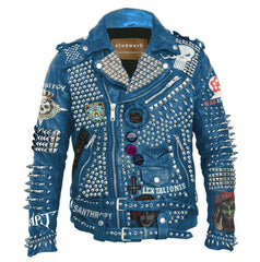 Pin Badges And Spiked Steampunk Gothic, Men's Mooca Caboel Patches Leather Wear, Studded Fashion Deadly Mosh Punk Rock, Biker's Jacket,