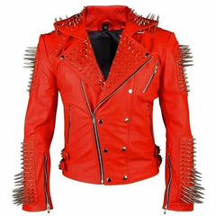 Red Spiked Leather Jacket Punk & Steampunk Biker Style with Metal Studs