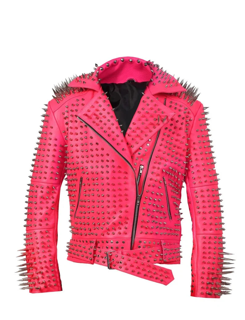 Men's Full SPIKED Punk Silver Long Spike Studded PINK Leather Brando Jacket