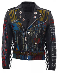 Men’s Gothic Punk Leather Jacket – Guns N’ Roses Patchwork, Fringed Back & Sleeves, Epaulettes, Waist Belted Brando Biker Style