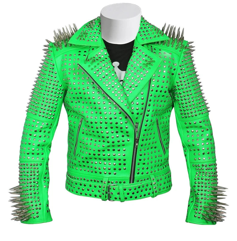 Men Green Studded Steam Punk Rockers leather Brando Jacket