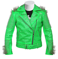 Men Green Studded Steam Punk Rockers leather Brando Jacket