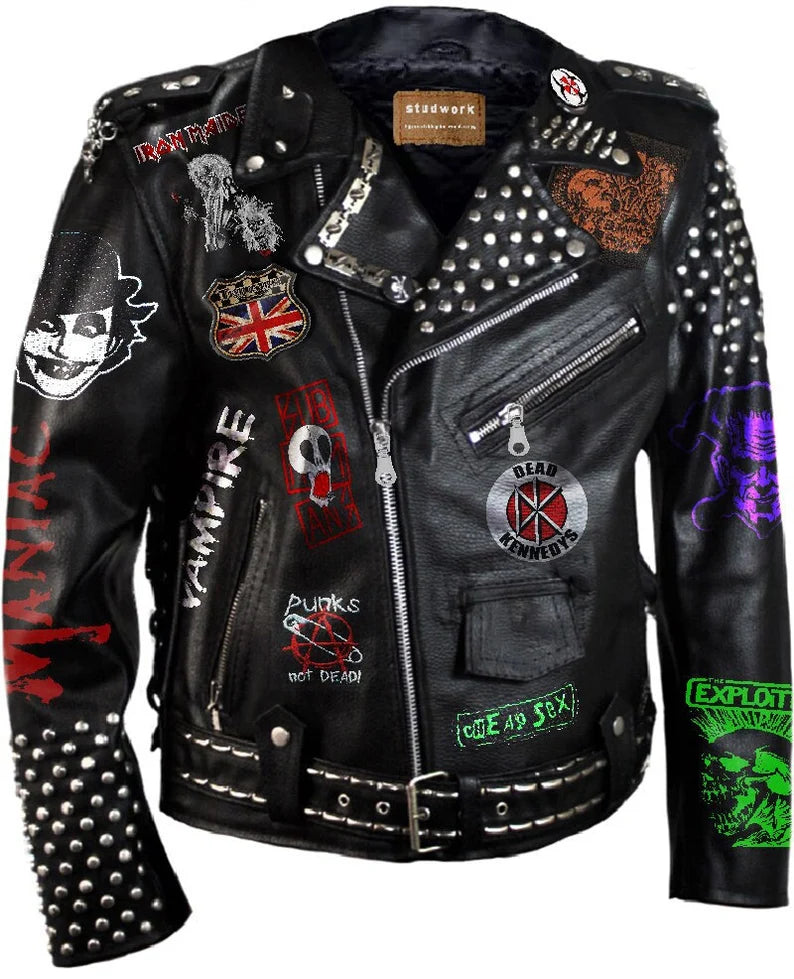 Bomber Black Cow Leather Jacket Men, Motorhead Lemmy Patchwork, Handmade Studwork Spiked, Iron Maiden Clothing, Rivets Studded Jacket,