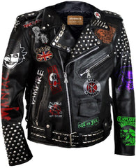 Bomber Black Cow Leather Jacket Men, Motorhead Lemmy Patchwork, Handmade Studwork Spiked, Iron Maiden Clothing, Rivets Studded Jacket,