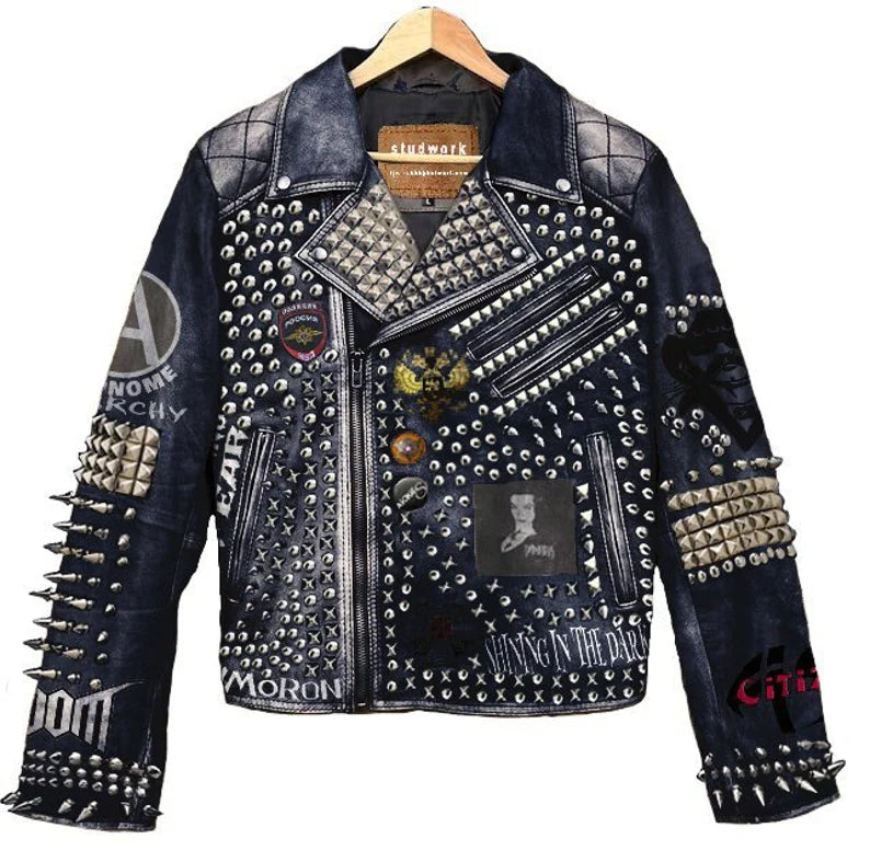 Custom Gothic Punk Jacket – Lemmy And Vampira Patches, Spiked Leather Moto Fit, Doom & Anarchy Studded Men’s Outfit