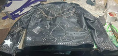 Men's Black Leather Jacket with Silver Studs, Patches of Boots, Fish, Guitar, Stars & More | Stylish Western-Inspired Steam Punk Rockers Men