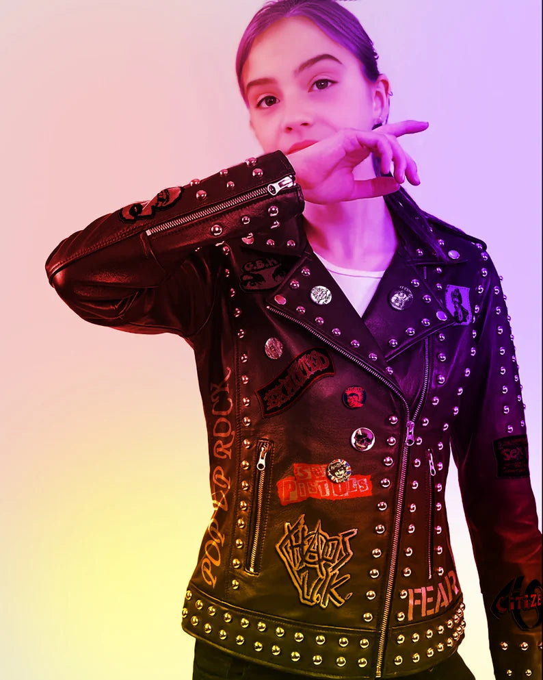 Women’s Gothic Punk Leather Jacket – Chaos UK, Misfits & Sex Pistols Patches, Studded Patchwork Moto Fit, Custom Clubwear