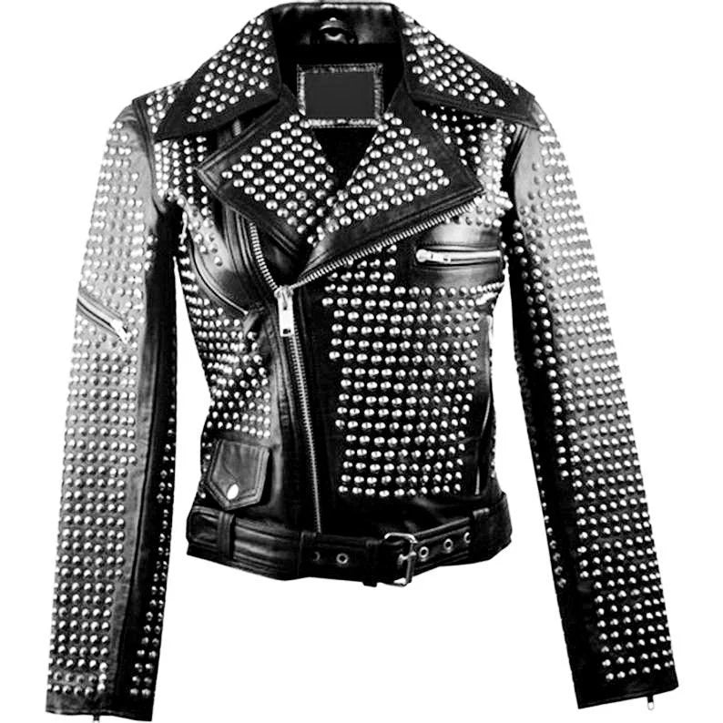 Motorbike Round Studded Jacket, Genuine Leather Belted Jacket, Women Lapel Collar Punk Jacket, Handmade Silver Studs Gothic Bikers Jacket