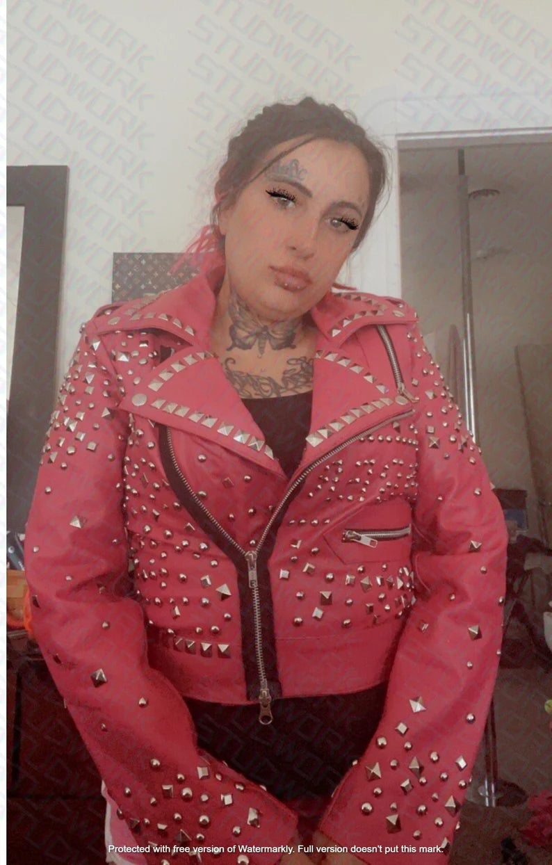 Brando Silver Pyramid Studs Fashion Jacket, Women Biker's Style Punk Premium Leather Jacket, Personalized Party Wear Motorcycle Jacket,