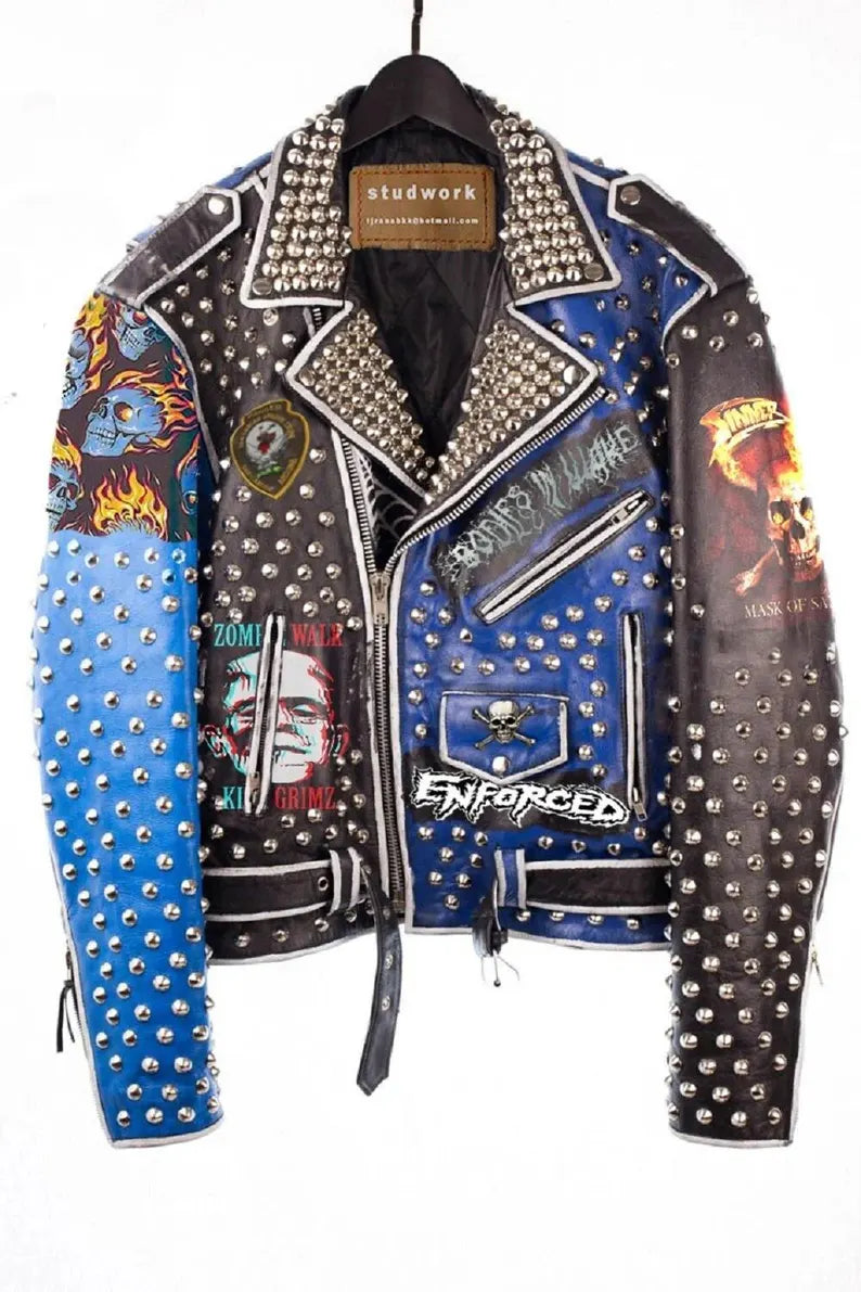 Unyielding Studded Leather Jacket Handmade Biker Silver Cone Spikes Punk Rock Patches & Rebel Spirit