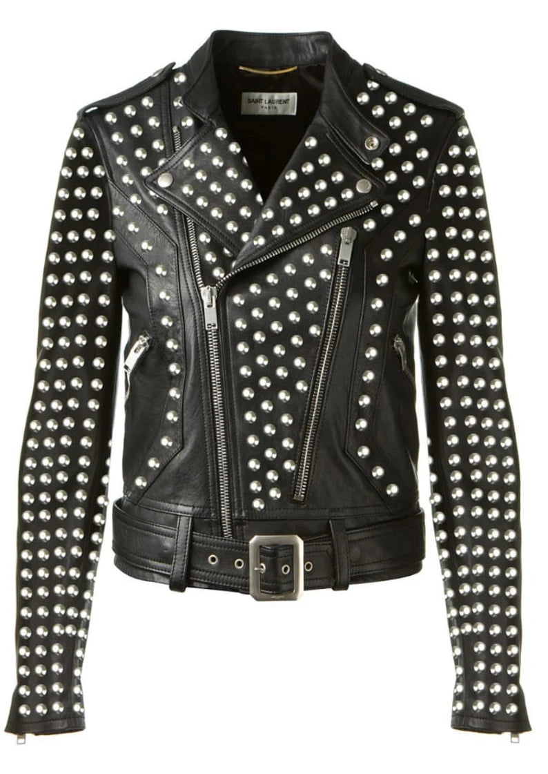 Customize Brando Gothic Jacket, Women Personalized Studs Jacket, Genuine Leather Jacket, Silver Round Studs, Lapel Collar Belted Jacket,