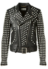 Customize Brando Gothic Jacket, Women Personalized Studs Jacket, Genuine Leather Jacket, Silver Round Studs, Lapel Collar Belted Jacket,
