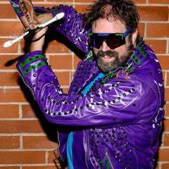 Purple Green Studded Leather Jacket Men's Brando Belted Collar Waist Belted Jacket Motorbike, men Purple Studs Spikes Genuine Leather Jacket