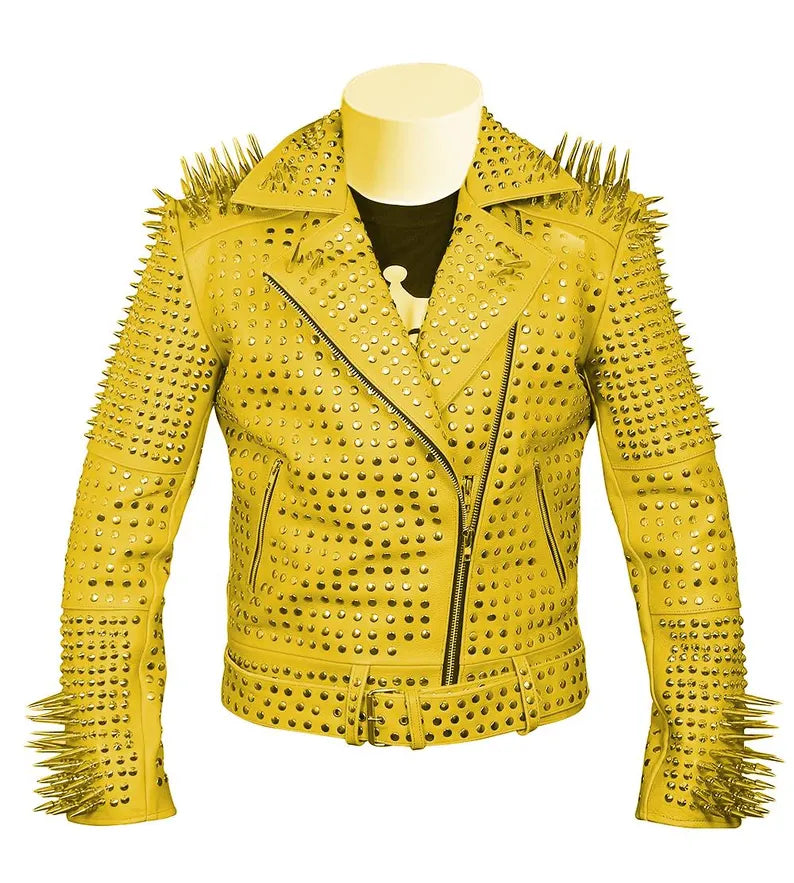 Yellow Gothic Steampunk Jacket Gun Spiked Leather with Full Studded Armor & Brando Style