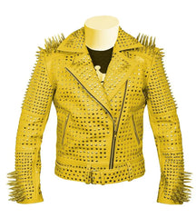 Yellow Gothic Steampunk Jacket Gun Spiked Leather with Full Studded Armor & Brando Style