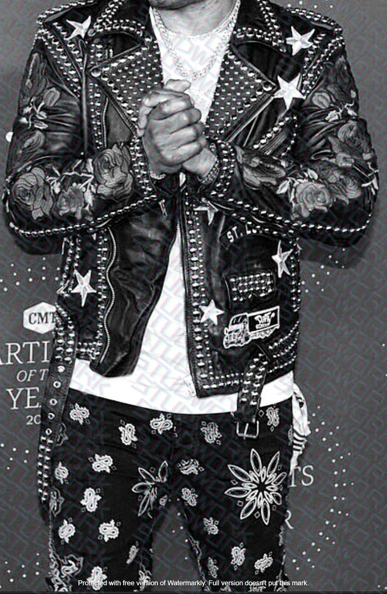 Men White and Silver Patches Studded leather jacket, Punk Fashion Pure Leather Motorcycle Brando Patches Jacket