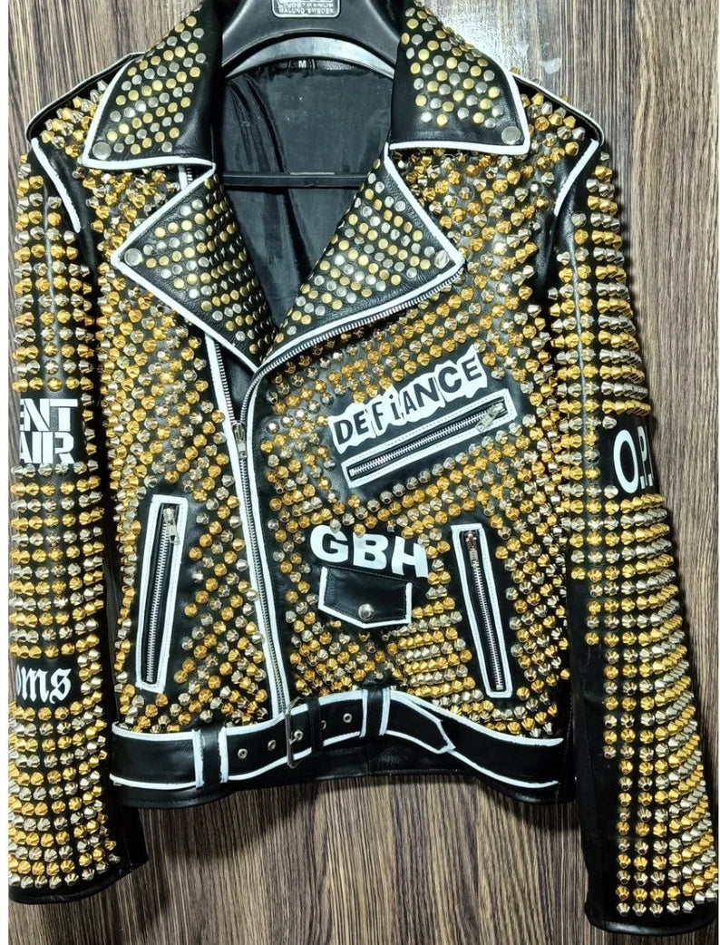 Men’s Punk Leather Jacket – Heavy Metal Studded Brando Moto Fit, Custom Steampunk Biker Style