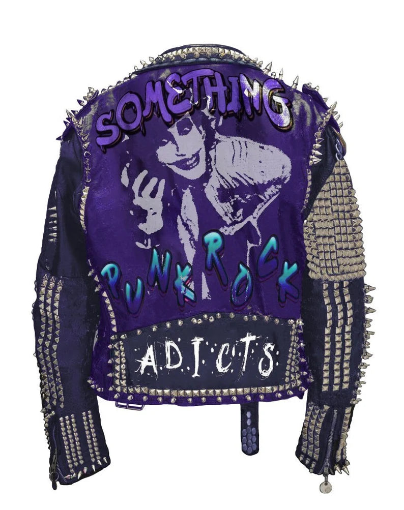 Regal Purple Studded Leather Jacket Heavy Spiked Steampunk Biker Iconic Patches & Custom Design