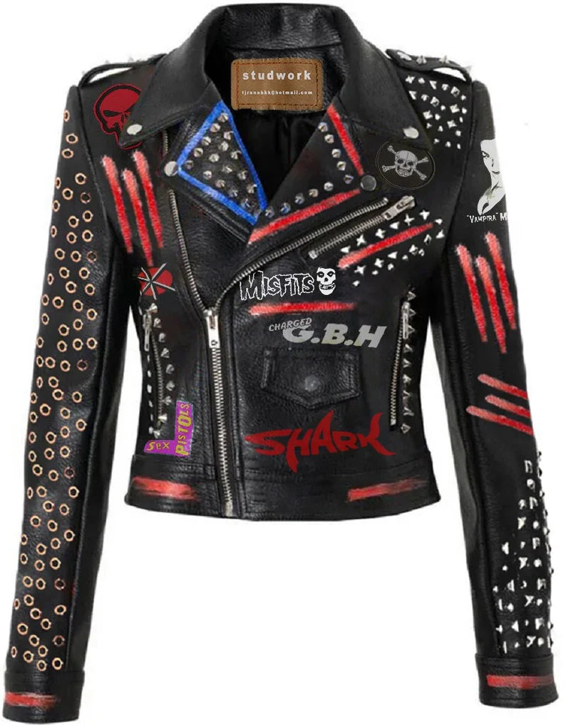 Biker's Gothic Leather Patches Outfit, Women's Misfit Punk Rock Jacket, Personalized Studded The Exploited Wear, Ring Studs Vampira Jacket,