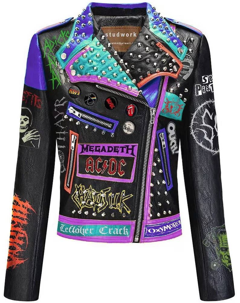 Women’s Punk Rock Leather Jacket – Chaos UK Patch, Studded Gothic Moto Fit, Custom Leather Clubwear