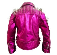 Heavy Motorbike Long Spiked Jacket, Handmade Pure Leather Pink Jacket, Silver Spike Studded Punk Jacket, Bikers Fashion Brando Jacket,