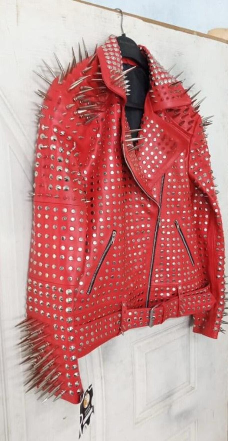 Dominant Red Leather Biker Jacket Heavy Metal Spiked Shoulder & Gothic Punk Studwork