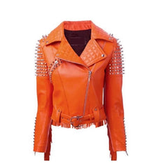 Customize Silver Studs Jacket, Ladies Personalized Motorbike Jacket, Waist Belt Fringes Jacket, Quilted Spike Studs Fashion Jacket,