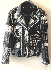 Personalized Men's Patches Studded Jacket, Made To Order Premium Leather Gothic Jacket, Motorbike Punk Silver Studs Fashion Jacket,