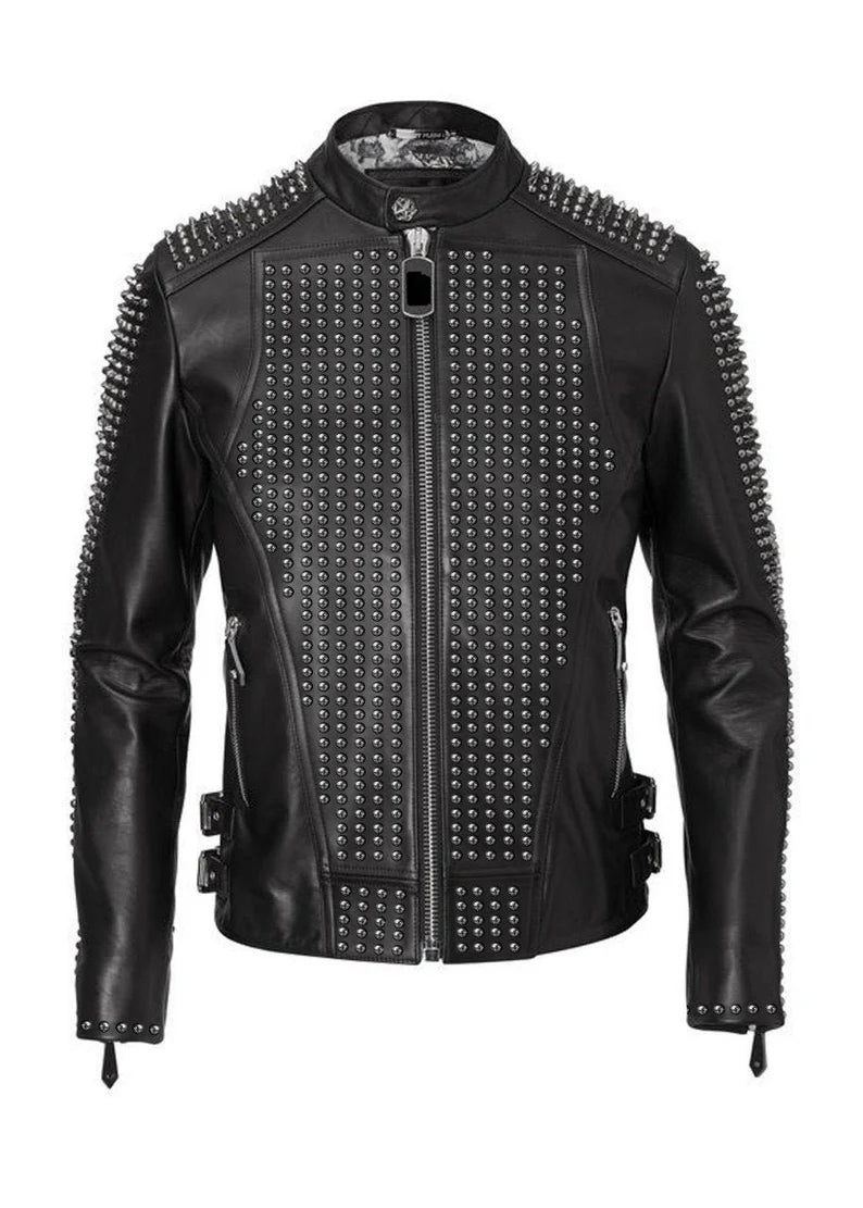 Bomber Black Color Gothic Jacket, Men's Silver Studded Personalized Jacket, Handmade Motorbike Punk Fashion Jacket