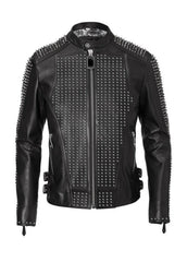 Bomber Black Color Gothic Jacket, Men's Silver Studded Personalized Jacket, Handmade Motorbike Punk Fashion Jacket