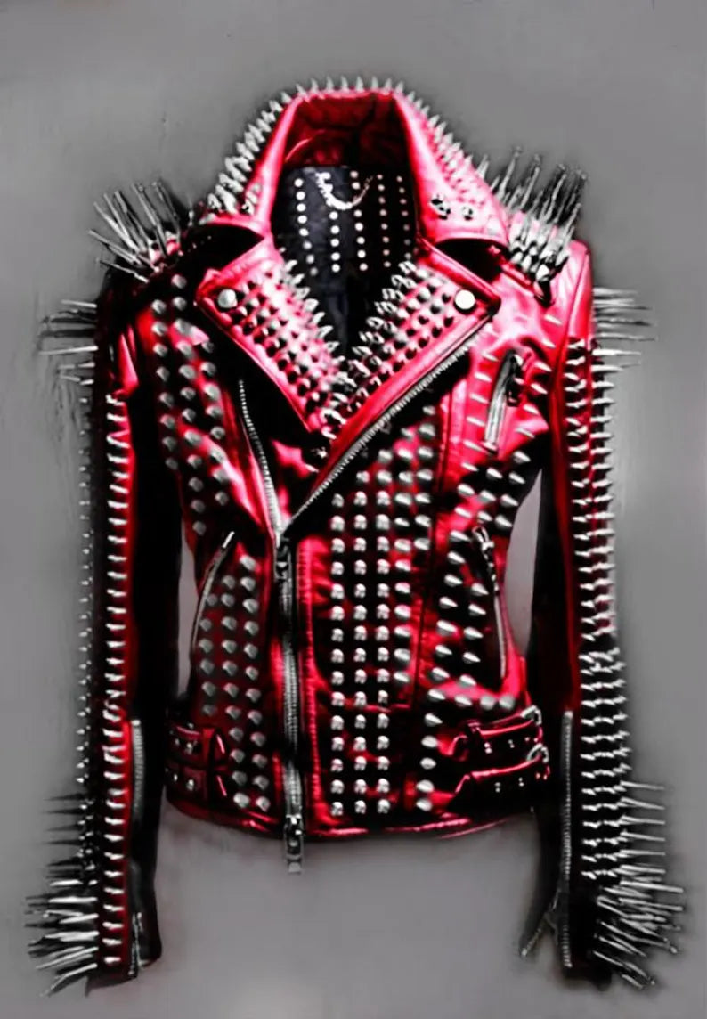 Crimson Sovereign Women’s Red Gothic Steampunk Leather Jacket with Long Metal Spikes, Lapel Brando Cut & Dual-Belt Command
