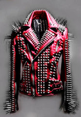 Crimson Sovereign Women’s Red Gothic Steampunk Leather Jacket with Long Metal Spikes, Lapel Brando Cut & Dual-Belt Command