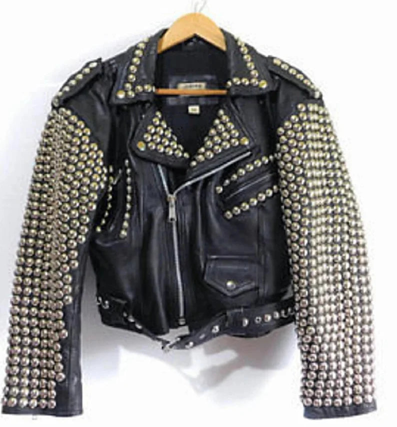 Men's Full Black Brando Punk Silver Spiked Studded Cowhide Leather Jacket Silver Studs Belted Front Zipper Biker Style fashion