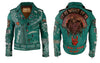 Green Studded Leather Women, Punk studded leather Jacket Handmade with Cow Leather, Pins and Patches Studded Leather Club Wears Jacket,